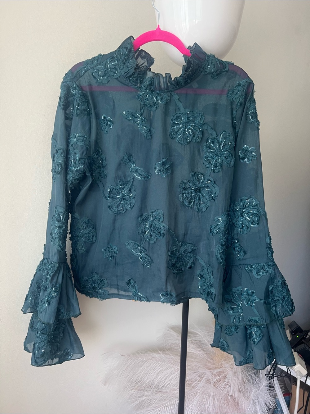 Dream Sister Jane Estelle Floral Fluted Sequin Blouse $300
